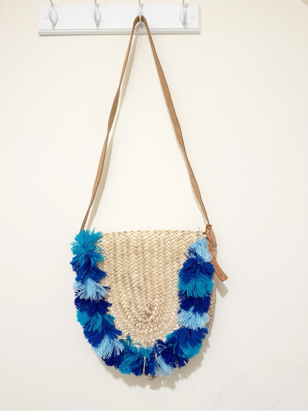 French Baskets Woven Straw Crossbody Bag with Blue Pom Pom Trim